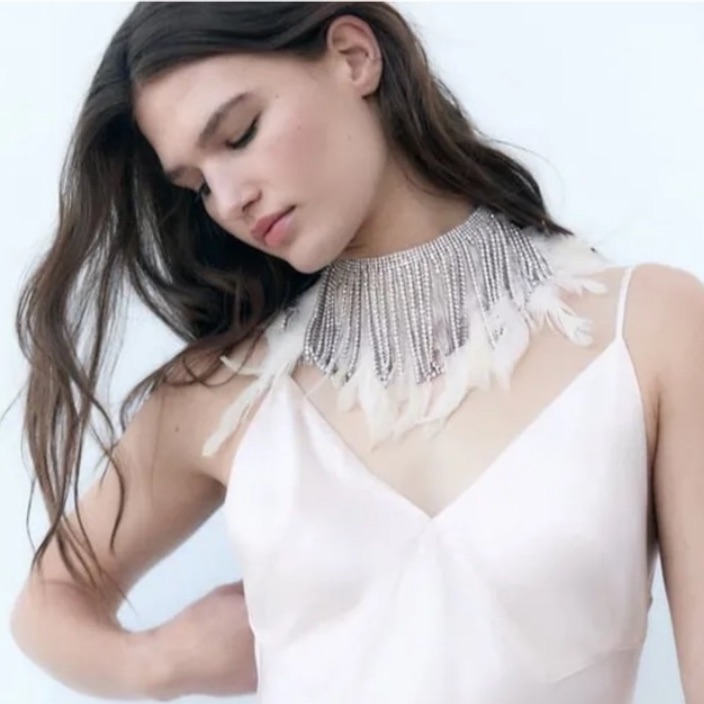 Zara Rhinestone Fringe With Feathers Choker Blogger Favorite 65$
